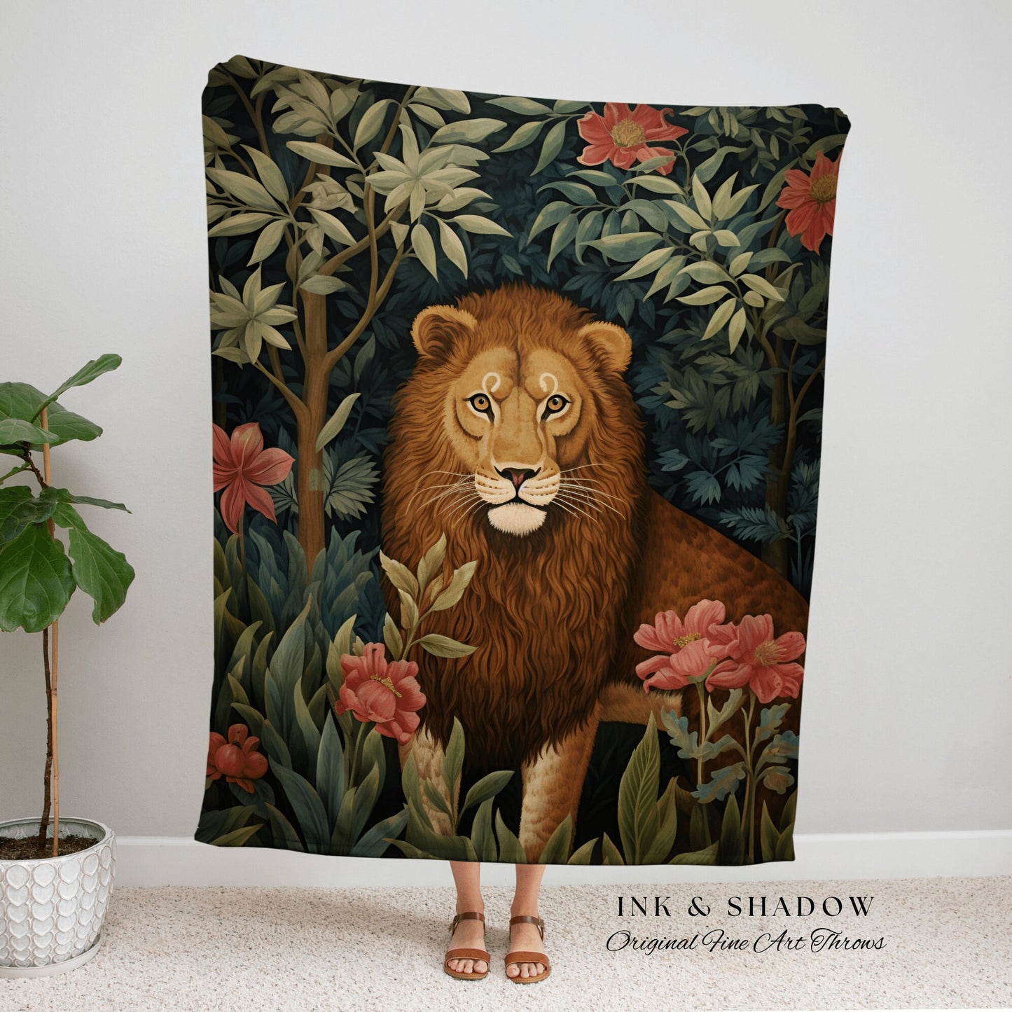 Jungle Lion Enchanted Woodland Gothic Tapestry Blanket Whimsical Floral Cottagecore Forestcore, Dark Botanical Wildflower Art Woven Blanket