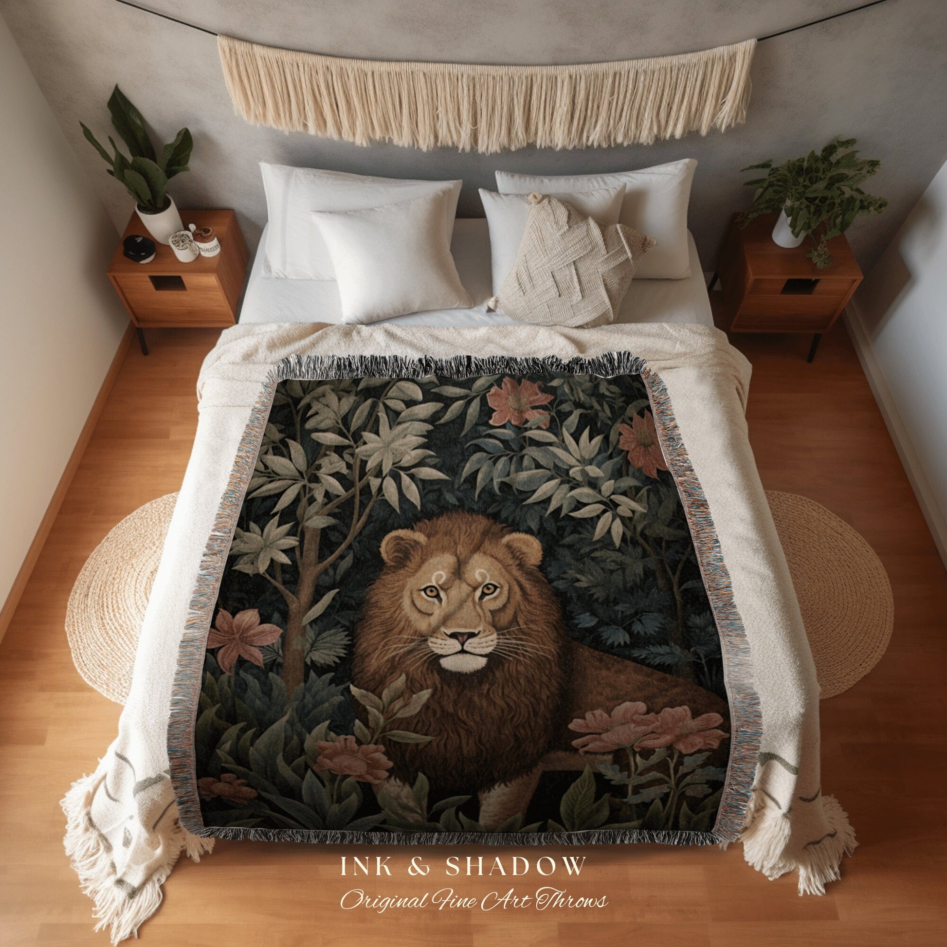 Jungle Lion Enchanted Woodland Gothic Tapestry Blanket Whimsical Floral Cottagecore Forestcore, Dark Botanical Wildflower Art Woven Blanket