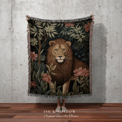 Jungle Lion Enchanted Woodland Gothic Tapestry Blanket Whimsical Floral Cottagecore Forestcore, Dark Botanical Wildflower Art Woven Blanket