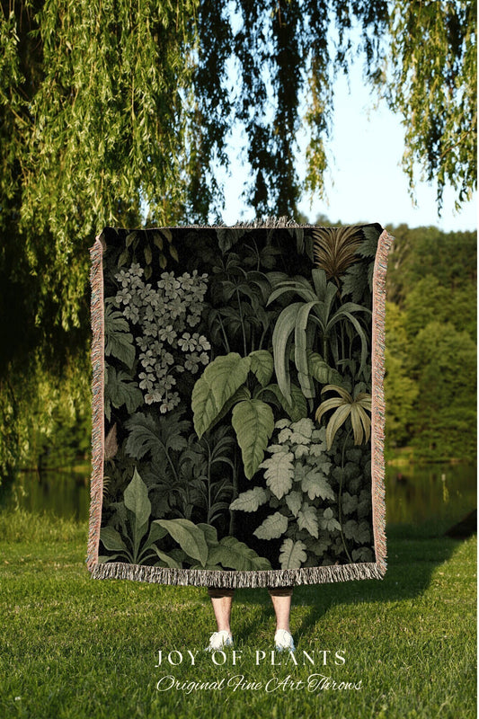 Tropical Plant Decor Blanket | Woven Cotton Throw Blanket Dark Cottagecore Botanical Blanket Forest Tapestry Goblincore Bedroom Decor Green