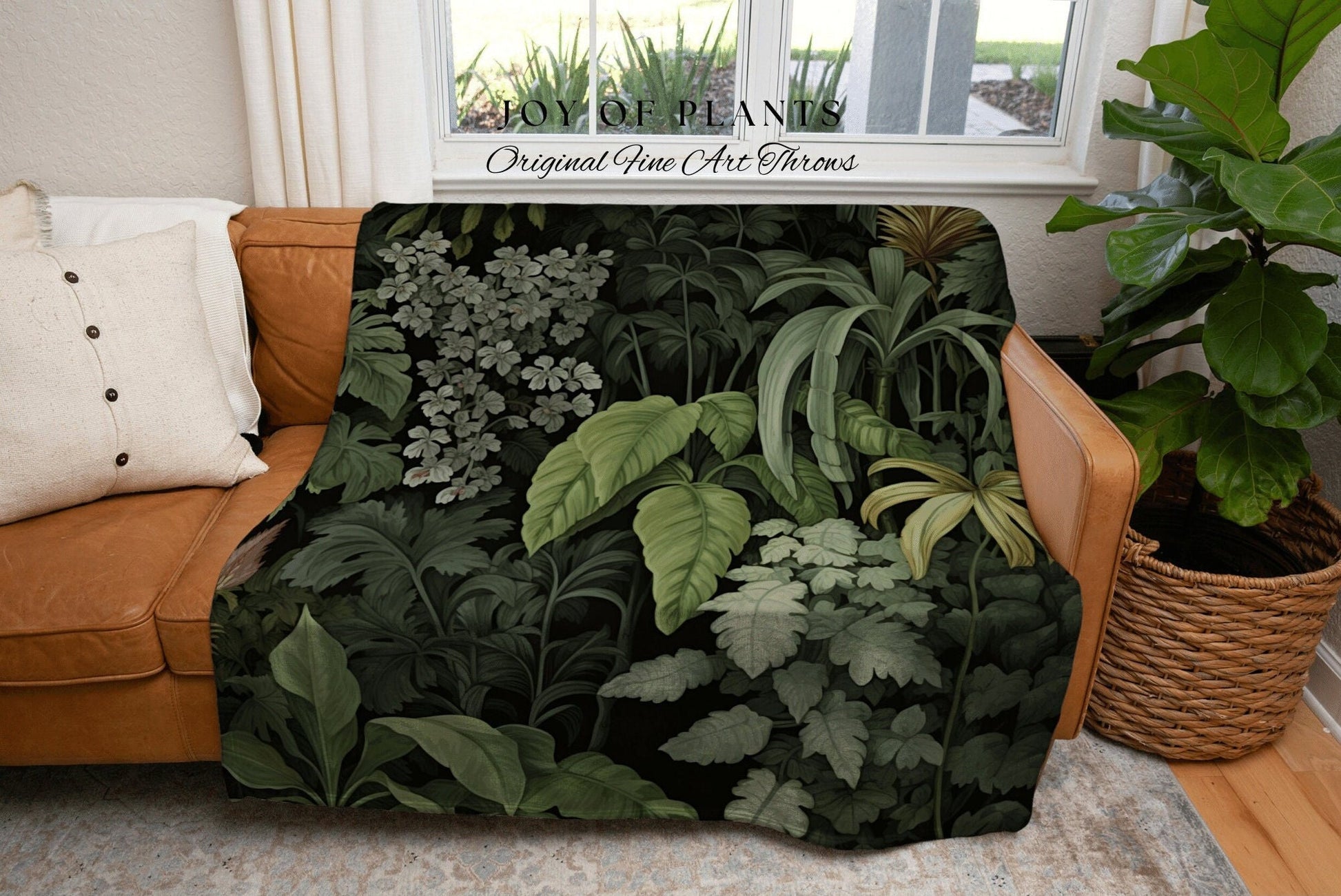 Tropical Plant Decor Blanket | Woven Cotton Throw Blanket Dark Cottagecore Botanical Blanket Forest Tapestry Goblincore Bedroom Decor Green