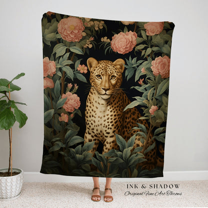 Woven Wildflower Cheetah Tapestry Throw Whimsigothic Folk Art Blanket, Dark Woodland Victorian Gothic Floral Botanical Forest Goblincore