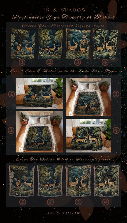 Folk Art Blanket Woodland | Folk Art Blanket Woven Tapestry William Morris Throw Dark Cottagecore Gothic Aesthetic Bedding Light Academia |