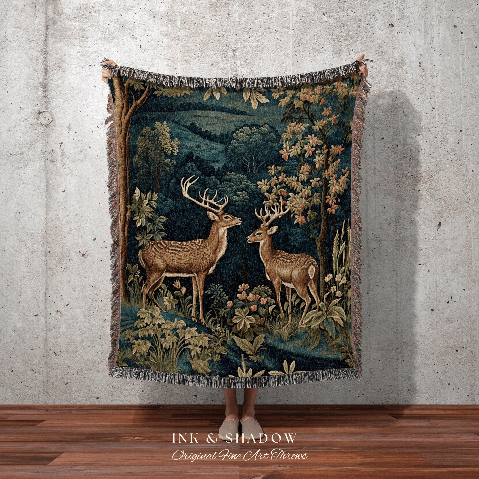 Folk Art Blanket Woodland | Folk Art Blanket Woven Tapestry William Morris Throw Dark Cottagecore Gothic Aesthetic Bedding Light Academia |