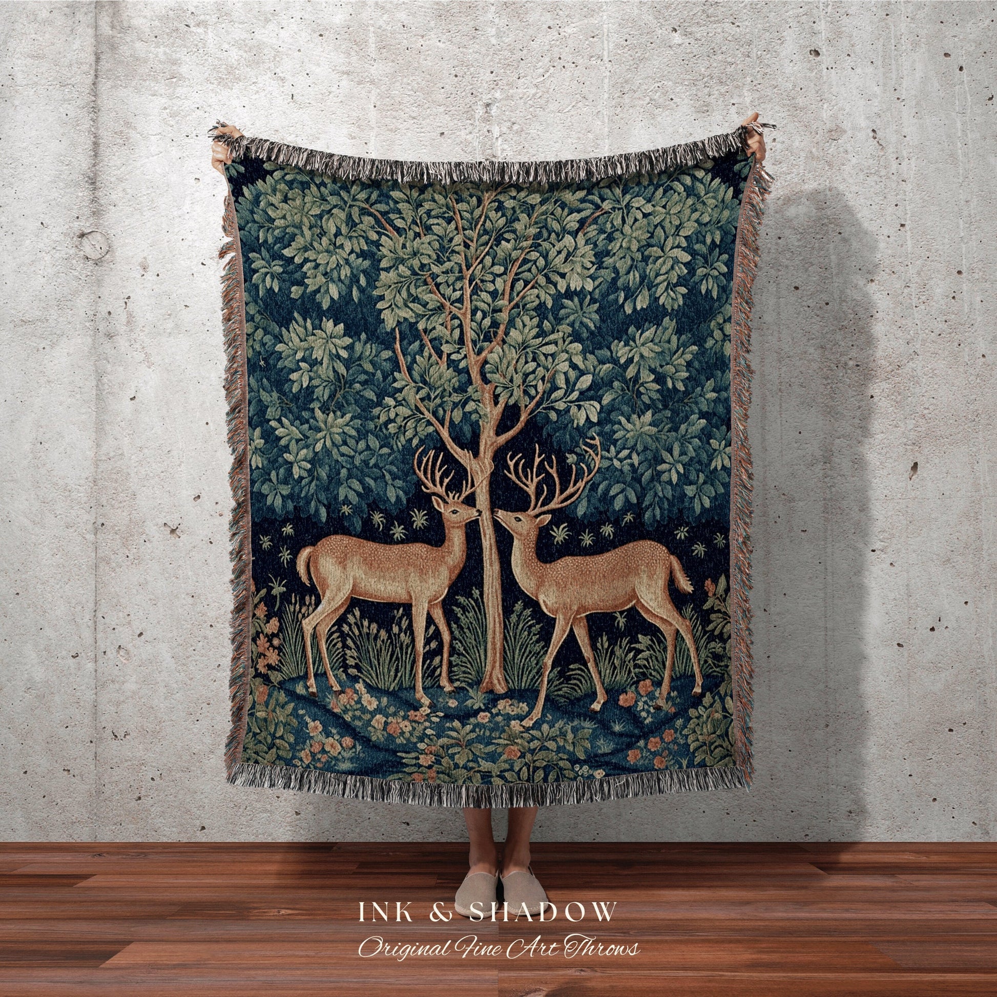 Mystic Woodland Deer Folk Art Woven Tapestry Throw Scandinavian Cottagecore, William Morris Art Style Nordic Fairycore Grunge Forestcore