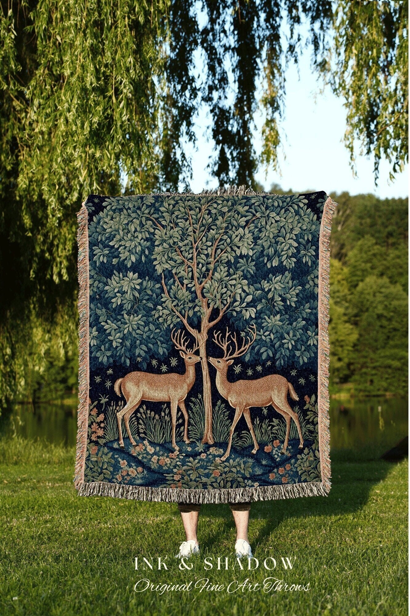 Mystic Woodland Deer Folk Art Woven Tapestry Throw Scandinavian Cottagecore, William Morris Art Style Nordic Fairycore Grunge Forestcore