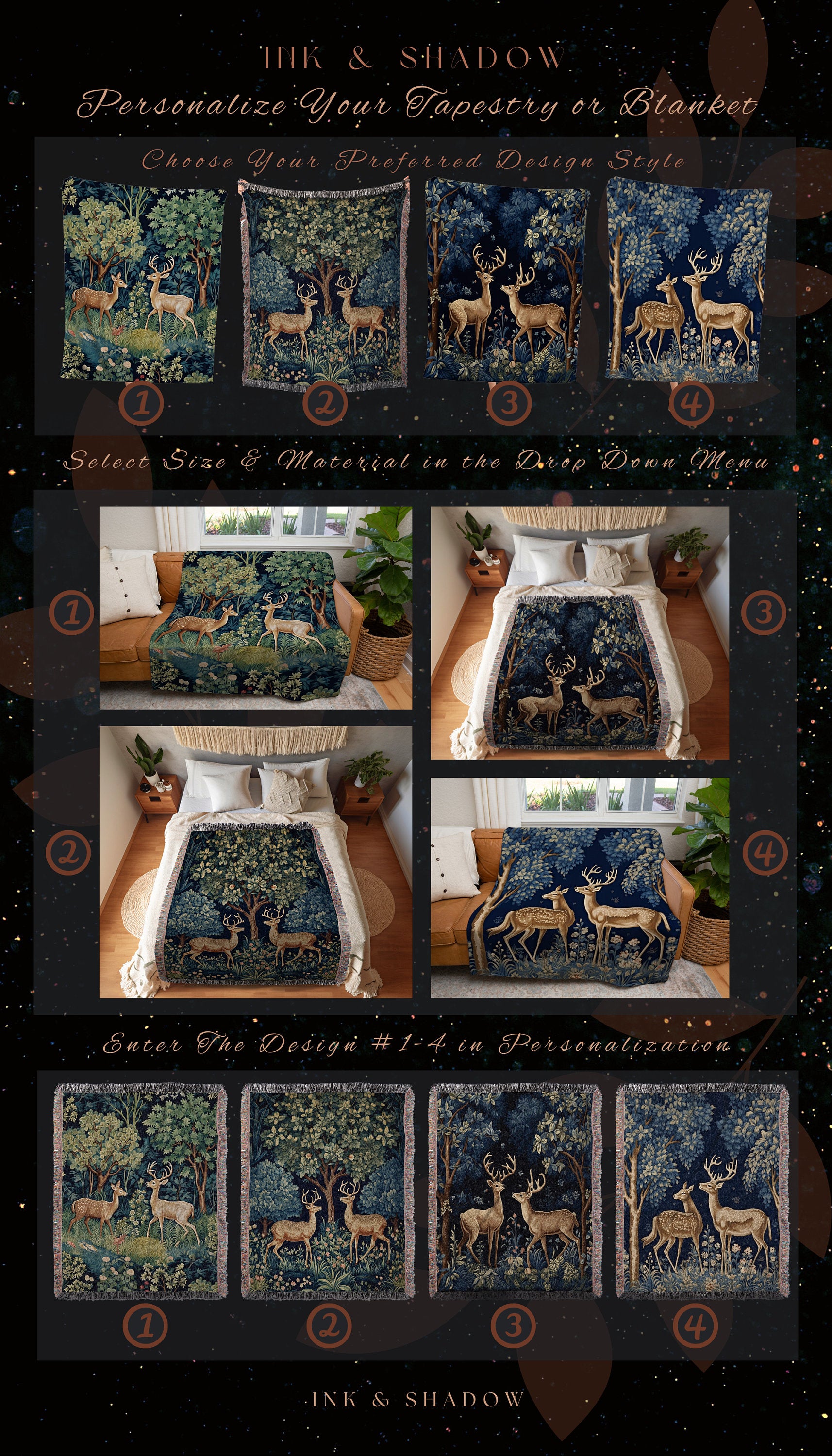 Mystic Woodland Tapestry Woven | Folk Art Blanket Woven Tapestry William Morris Throw Dark Woodland Mystic Aesthetic Bedding Light Academia