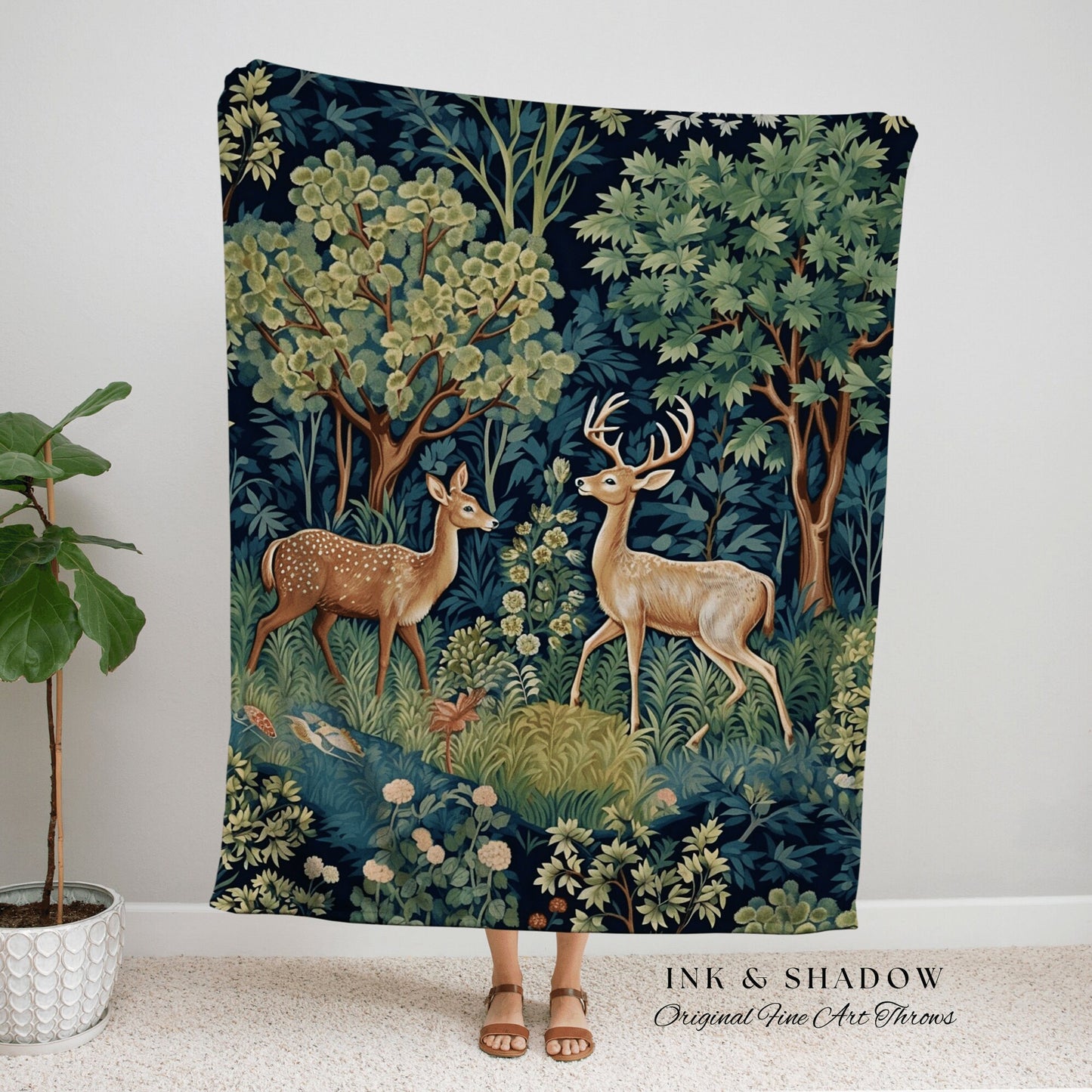 Mystic Woodland Tapestry Throw Woven Deer Folk Art Blanket, William Morris Throw Dark Woodland Mystic Woodland Academia Aesthetic Bedding