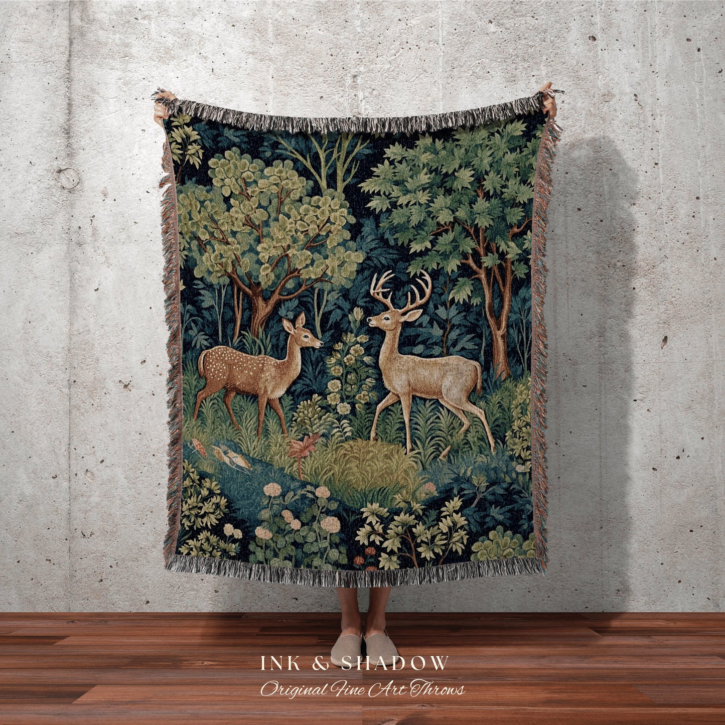 Mystic Woodland Tapestry Throw Woven Deer Folk Art Blanket, William Morris Throw Dark Woodland Mystic Woodland Academia Aesthetic Bedding