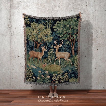 Mystic Woodland Tapestry Woven | Folk Art Blanket Woven Tapestry William Morris Throw Dark Woodland Mystic Aesthetic Bedding Light Academia