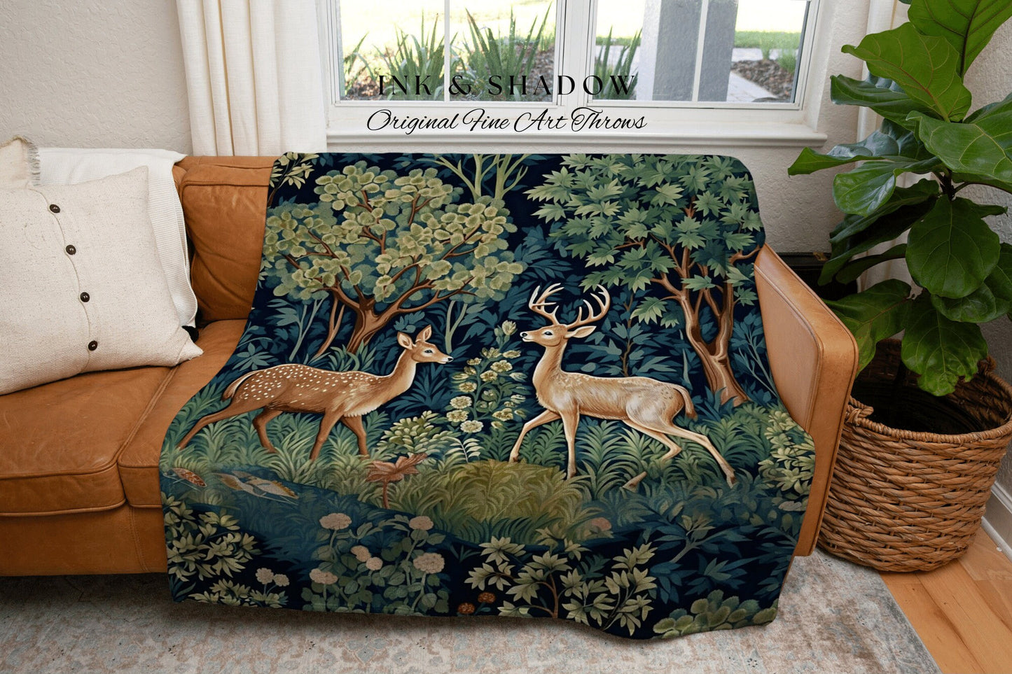 Mystic Woodland Tapestry Throw Woven Deer Folk Art Blanket, William Morris Throw Dark Woodland Mystic Woodland Academia Aesthetic Bedding