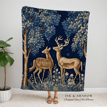 Hygge Scandi Woodland Deer Blanket Woven Throw Vintage Folk Art Tapestry, Morris Aesthetic Dark Cottagecore Forestcore Nordic Style Decor