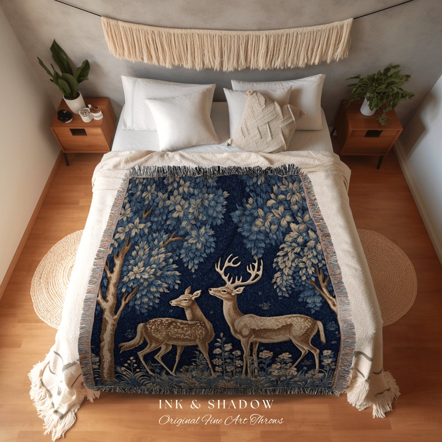 Hygge Scandi Woodland Deer Blanket Woven Throw Vintage Folk Art Tapestry, Morris Aesthetic Dark Cottagecore Forestcore Nordic Style Decor