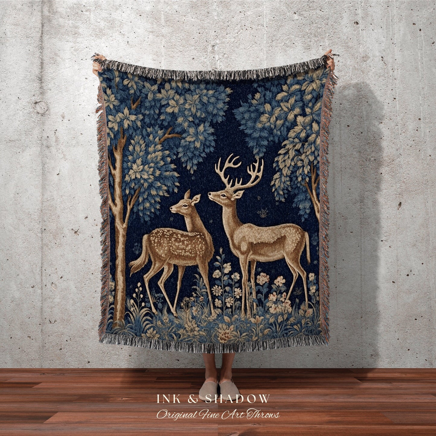 Hygge Blanket Woven Throw Vintage | Folk Art Blanket Woven Tapestry William Morris Throw Dark Woodland Mystic Aesthetic Decor Light Academia