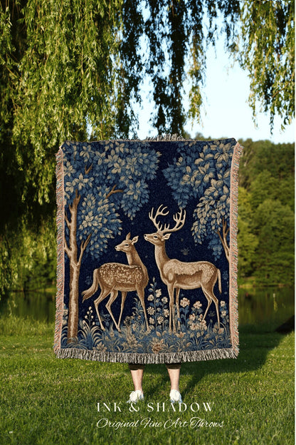 Hygge Scandi Woodland Deer Blanket Woven Throw Vintage Folk Art Tapestry, Morris Aesthetic Dark Cottagecore Forestcore Nordic Style Decor