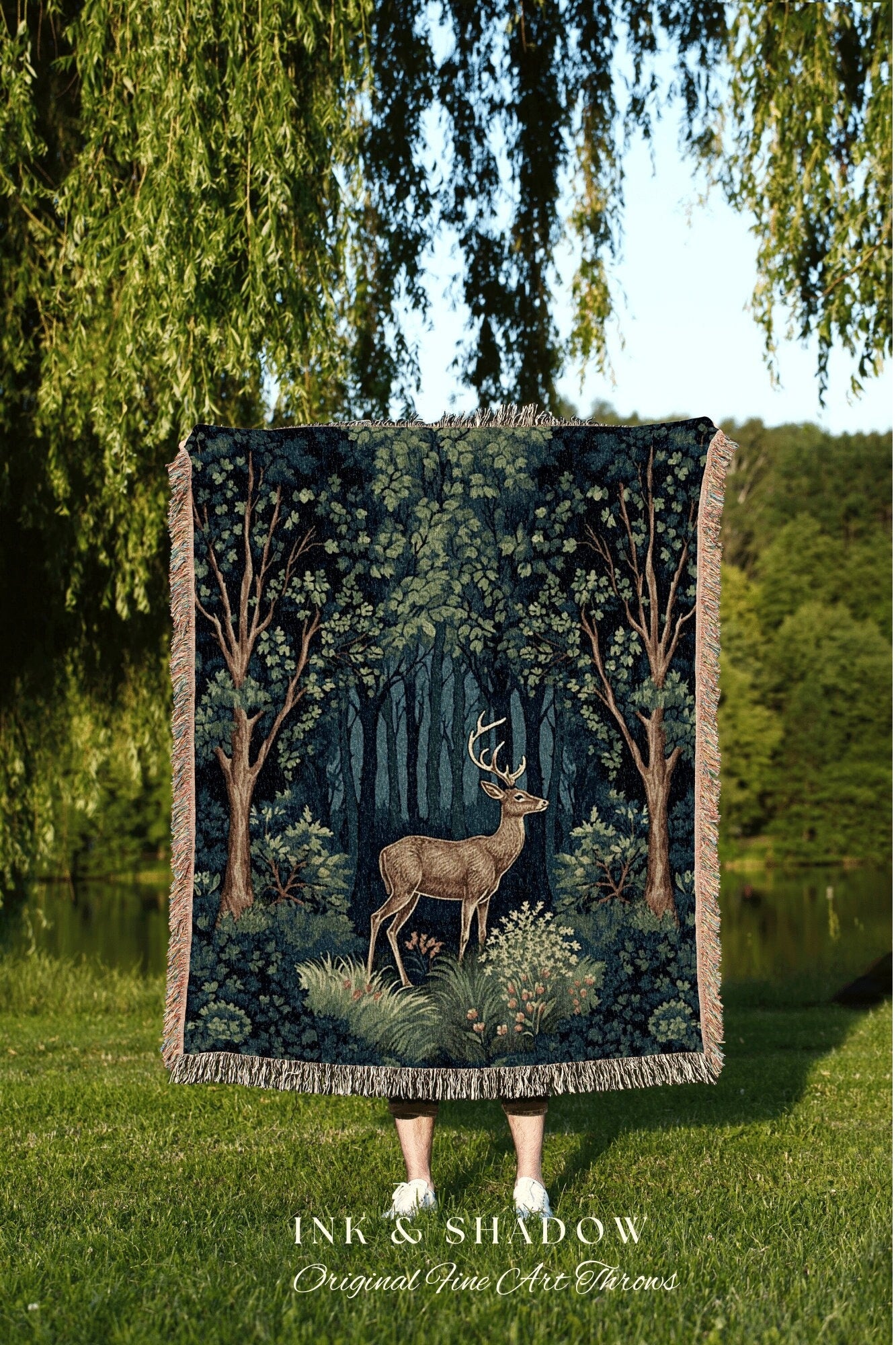 Mystical Woodland Tapestry Woven | Folk Art Blanket Woven Tapestry William Morris Throw Dark Woodland Decor Medieval Aesthetic Fairycore Art