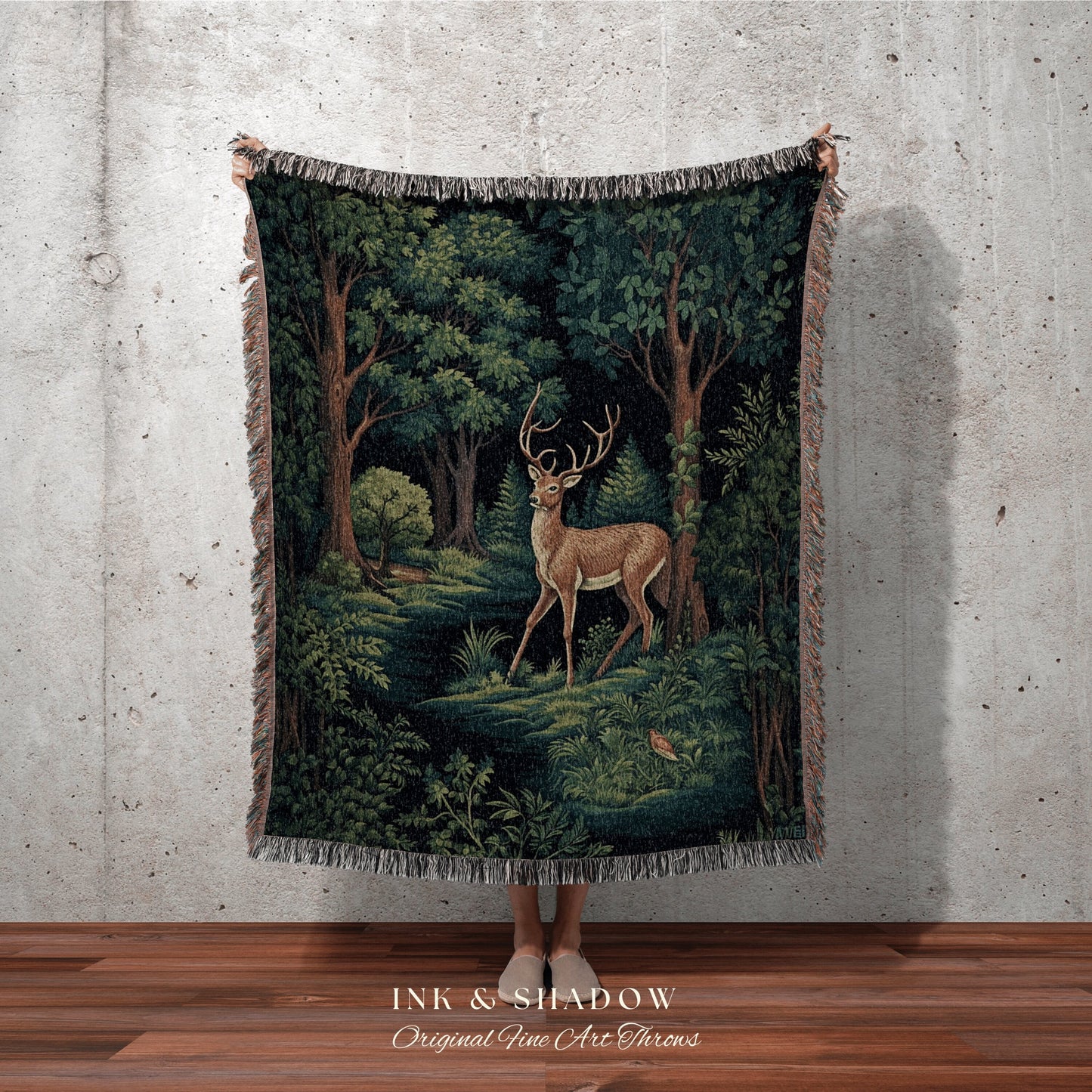 Folklore Aesthetic Blanket Woven | Folk Art Blanket Woven Tapestry William Morris Throw Dark Woodland Decor Medieval Aesthetic Fairycore Art