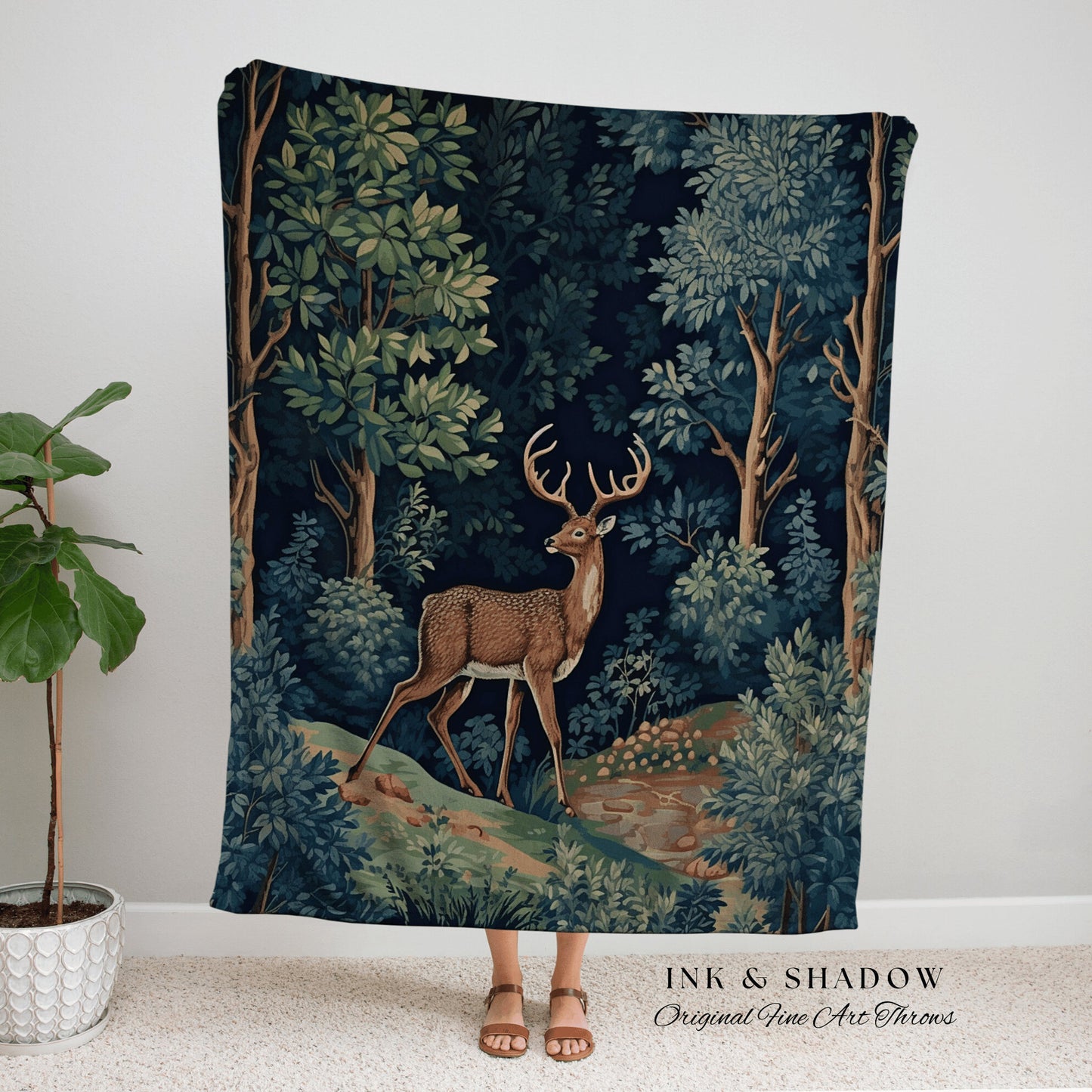 Nordic Fairycore Woven Blanket | Folk Art Blanket Woven Tapestry William Morris Throw Dark Woodland Decor Medieval Aesthetic Fairycore Decor