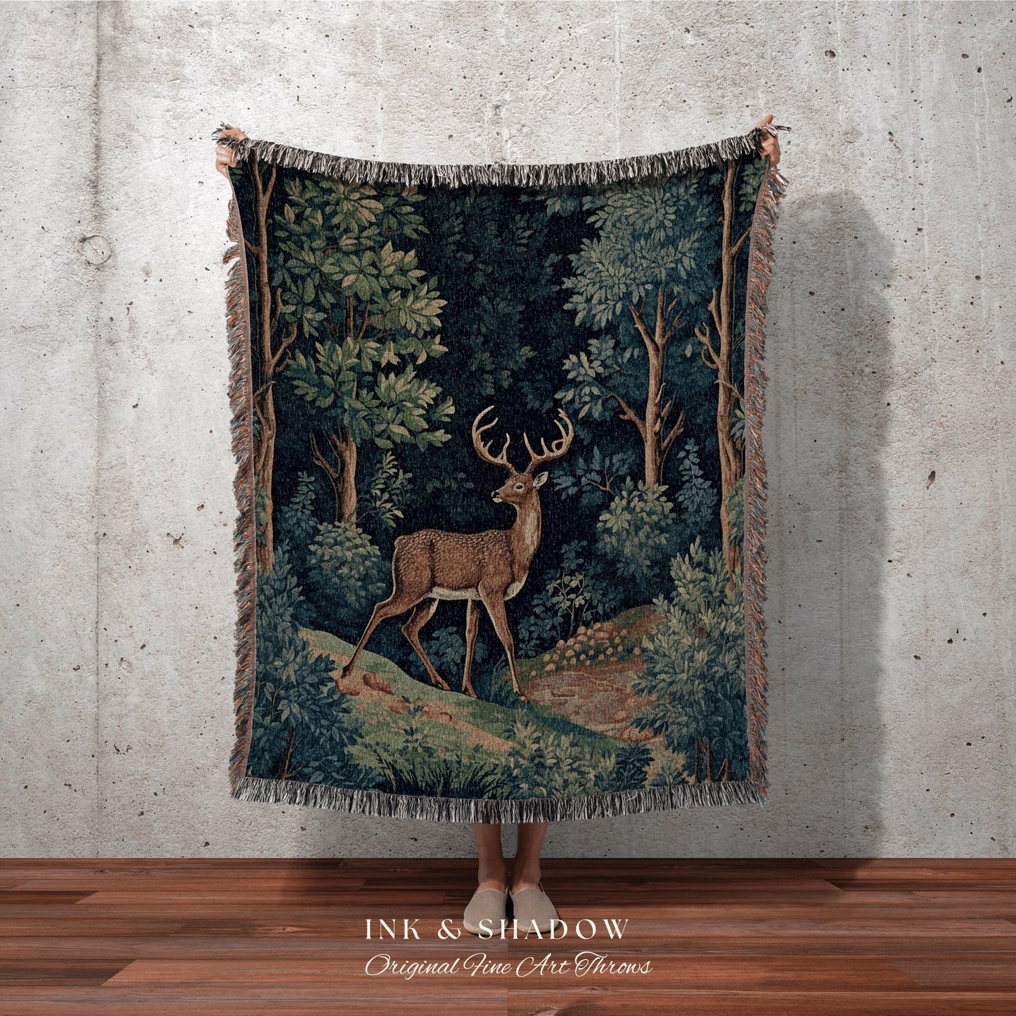 Nordic Fairycore Woven Blanket | Folk Art Blanket Woven Tapestry William Morris Throw Dark Woodland Decor Medieval Aesthetic Fairycore Decor