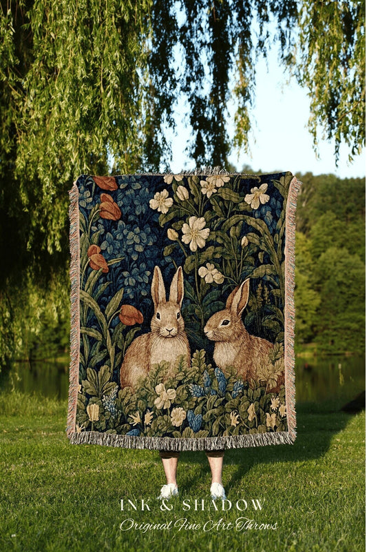 Cottagecore Rabbit Blanket Woven | Folk Art Blanket Woven Tapestry William Morris Throw Woodland Decor Medieval Aesthetic Fairycore Decor |