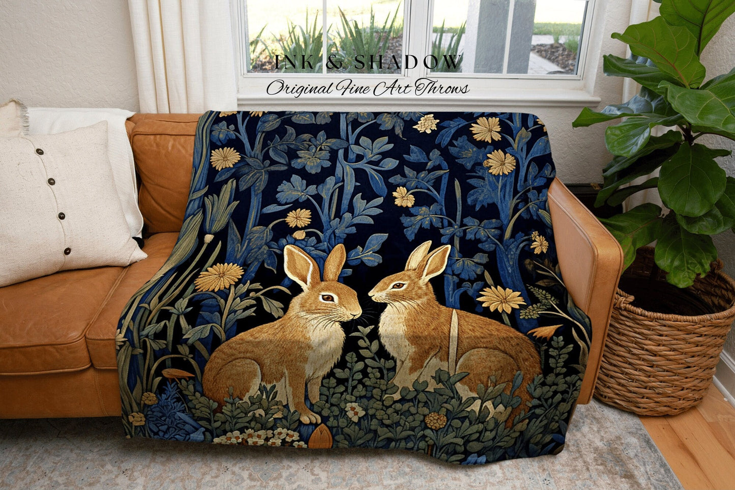 Hygge Tapestry Vintage Folk Art | Woven Tapestry Blanket William Morris Throw Woodland Decor Botanical Rabbit Aesthetic Woodland Fairycore |