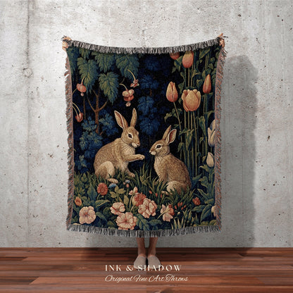 Rabbit Blanket Woodland Aesthetic | Botanical Folk Art Blanket Woven Tapestry William Morris Throw Woodland Goth Decor Cottagecore Aesthetic