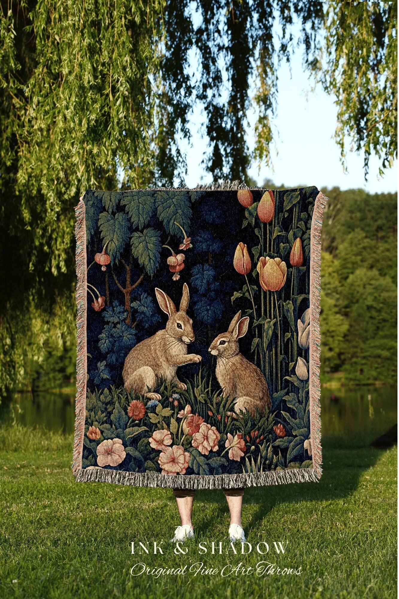 Rabbit Blanket Woodland Aesthetic | Botanical Folk Art Blanket Woven Tapestry William Morris Throw Woodland Goth Decor Cottagecore Aesthetic