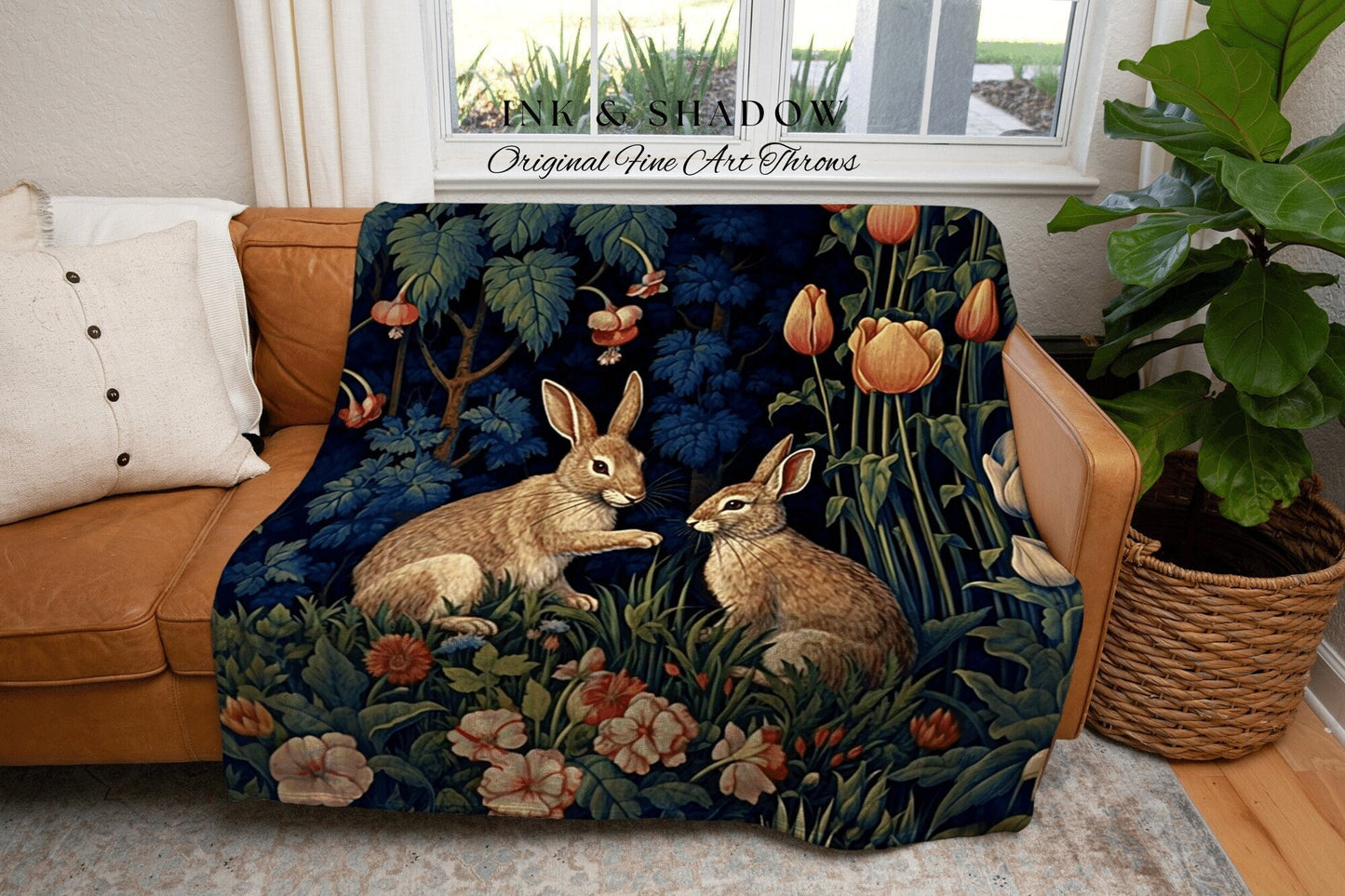 Rabbit Blanket Woodland Aesthetic | Botanical Folk Art Blanket Woven Tapestry William Morris Throw Woodland Goth Decor Cottagecore Aesthetic