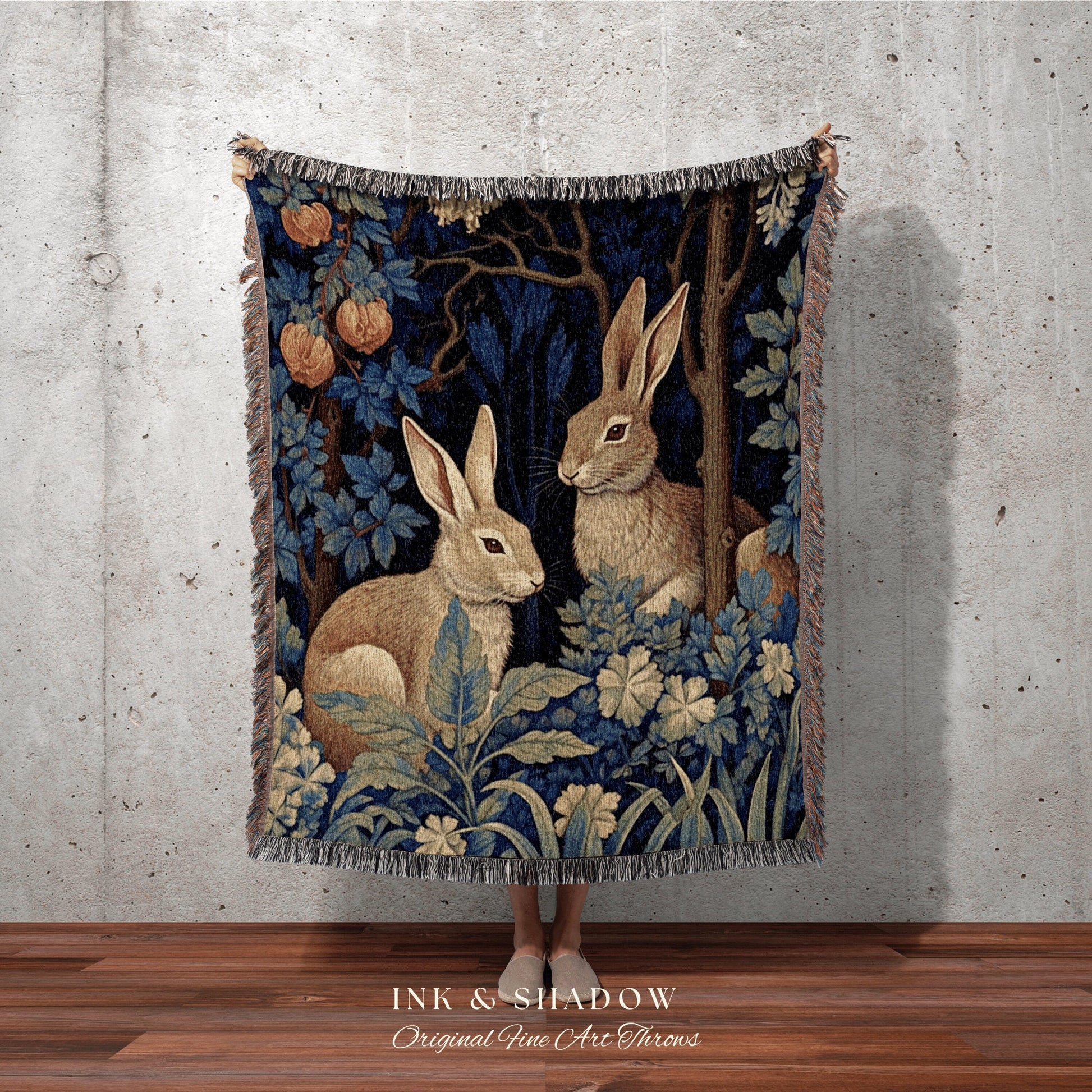 Floral Woven Rabbit Blanket | Botanical Folk Art Blanket Woven Tapestry William Morris Throw Woodland Goth Decor Cottagecore Aesthetic Decor