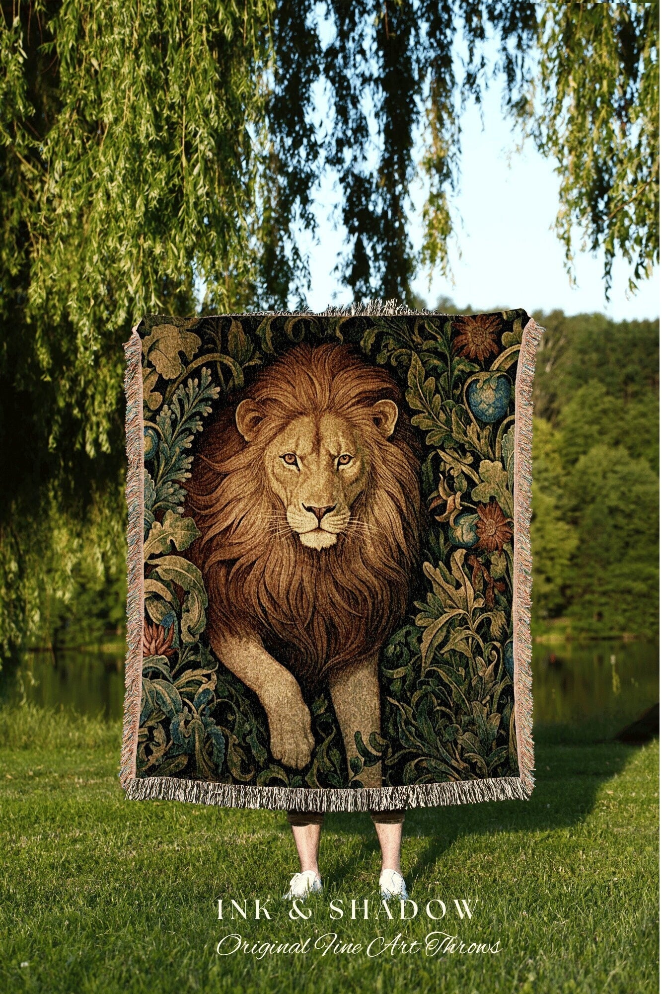 Lion Blanket William Morris Decor | Botanical Folk Art Blanket Woven Tapestry William Morris Throw Woodland Goth Decor Cottagecore Aesthetic