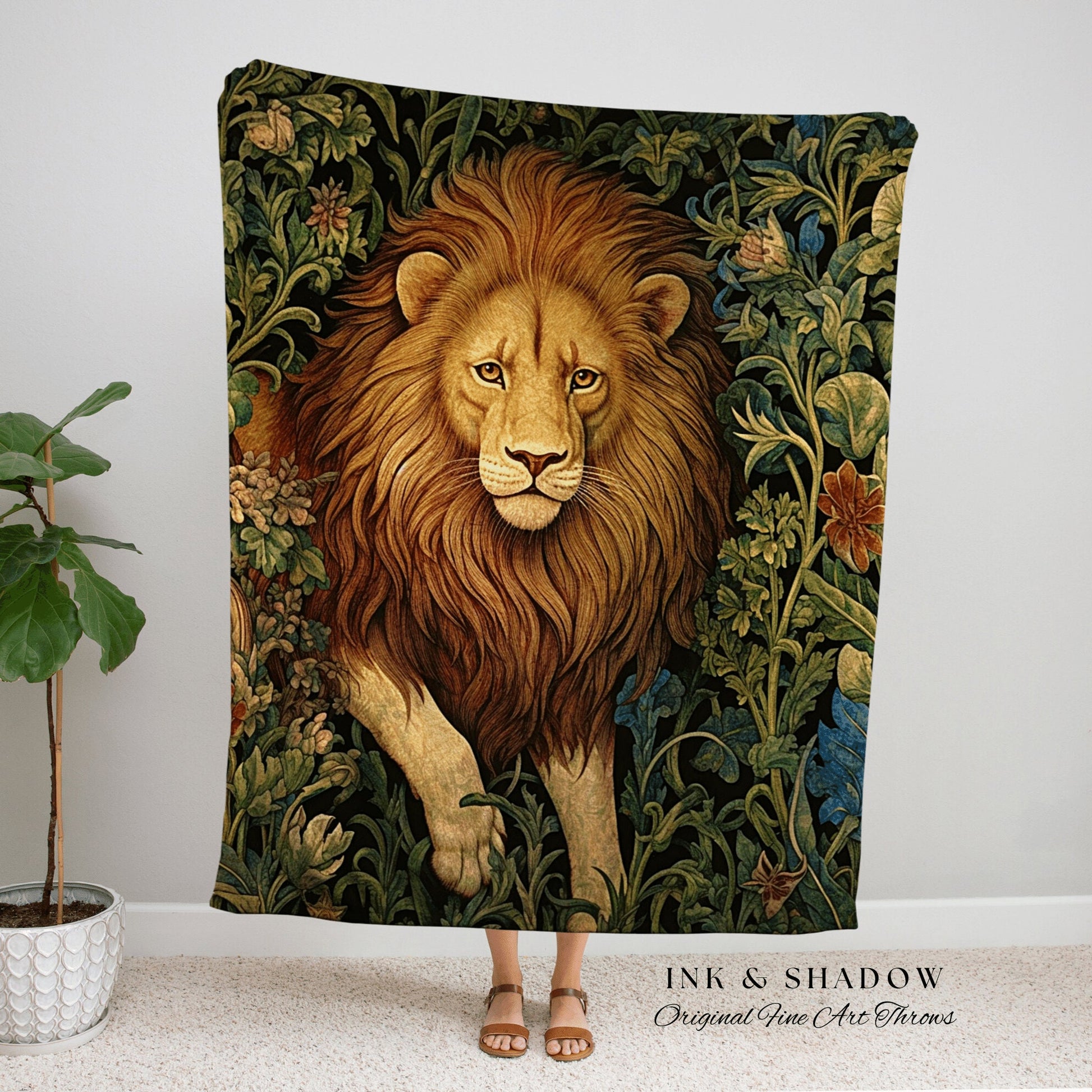 Medieval Aesthetic Lion Tapestry Throw Woodland Gothic Baroque Elegance, Dark Botanical Woven Blanket Morris Aesthetic Goth Cottagecore Art