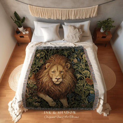 Medieval Aesthetic Lion Tapestry Throw Woodland Gothic Baroque Elegance, Dark Botanical Woven Blanket Morris Aesthetic Goth Cottagecore Art