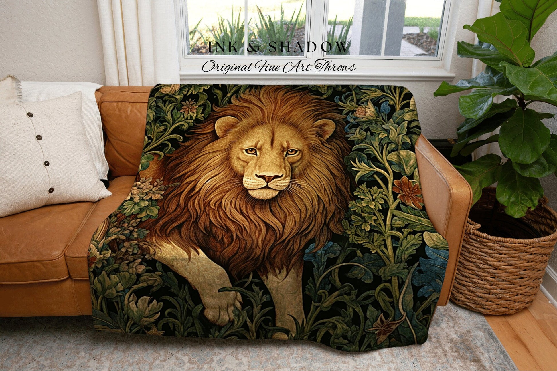 Medieval Aesthetic Lion Tapestry Throw Woodland Gothic Baroque Elegance, Dark Botanical Woven Blanket Morris Aesthetic Goth Cottagecore Art