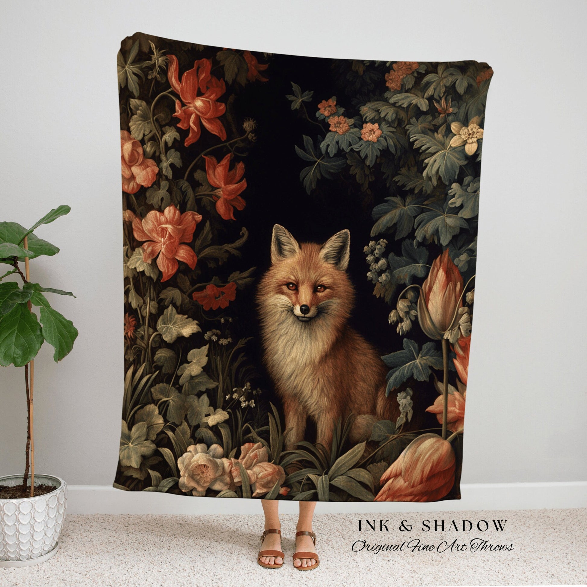 Dark Botanical Fox Tapestry Throw Woodland Gothic Wildflower Woven Art Blanket, Forestcore Floral Cottagecore Vintage Aesthetic Goblibcore