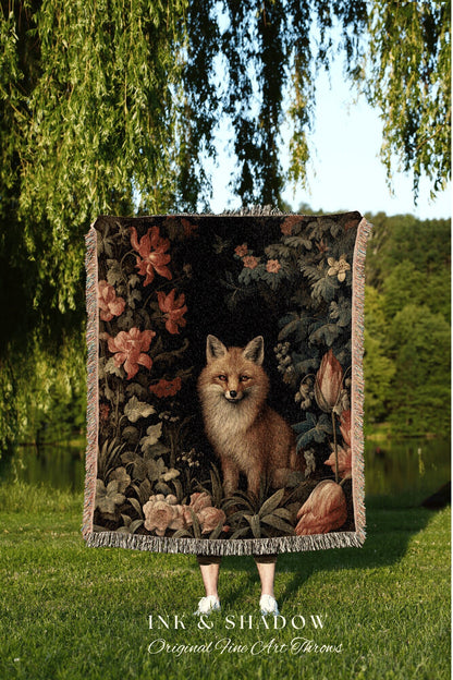 Dark Botanical Fox Tapestry Throw Woodland Gothic Wildflower Woven Art Blanket, Forestcore Floral Cottagecore Vintage Aesthetic Goblibcore