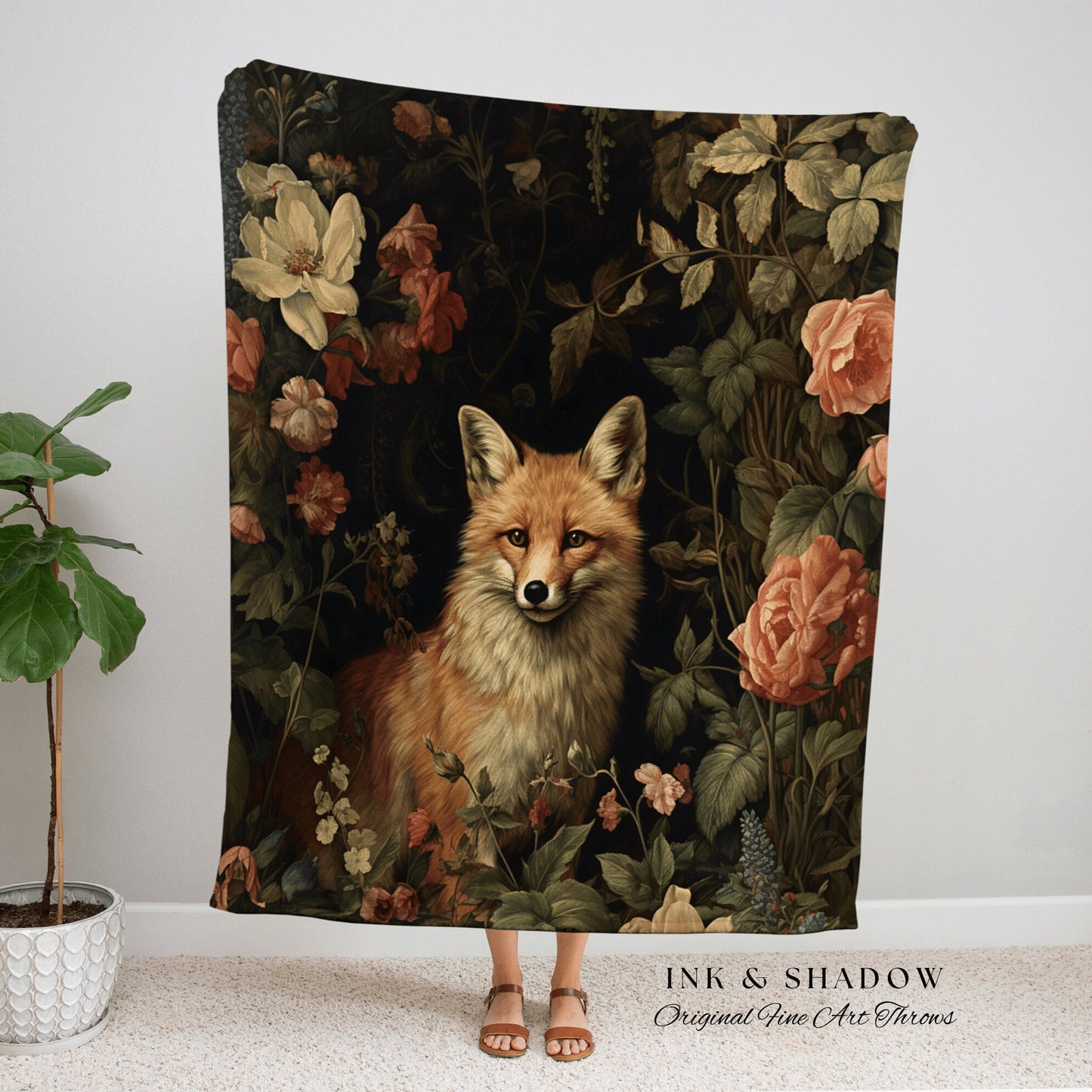 Forestcore Fox Blanket Woven | Woodland Folk Art Blanket Woven Tapestry William Morris Art Woodland Goth Decor Dark Cottagecore Fox Tapestry