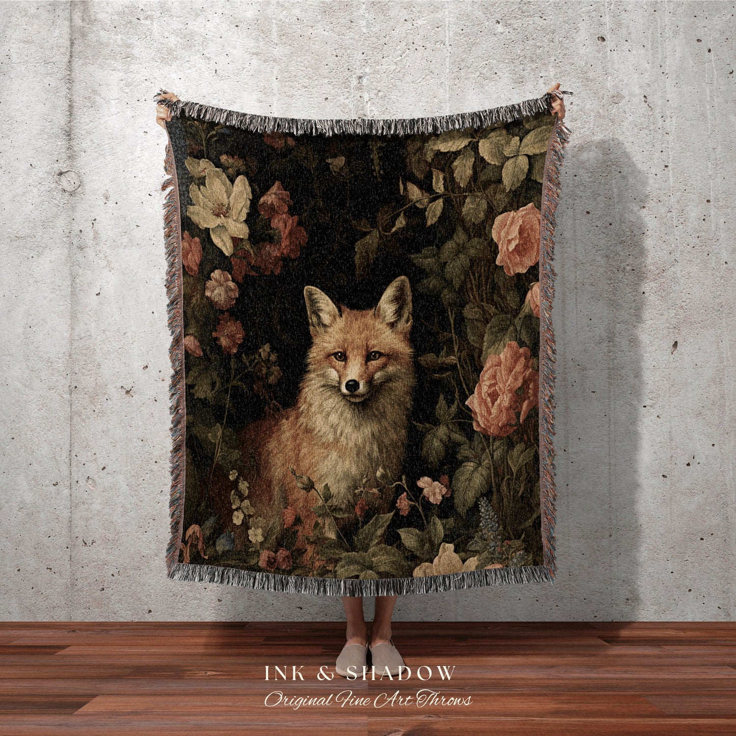 Forestcore Fox Blanket Woven | Woodland Folk Art Blanket Woven Tapestry William Morris Art Woodland Goth Decor Dark Cottagecore Fox Tapestry