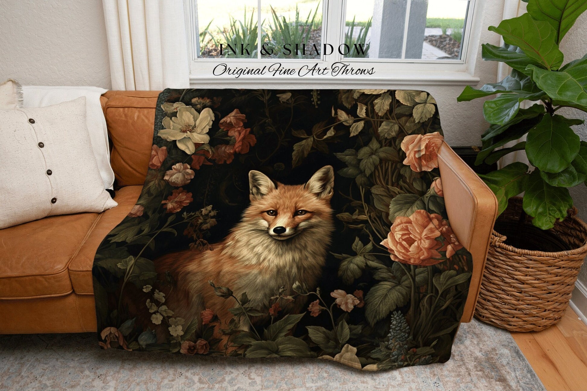 Forestcore Fox Blanket Woven | Woodland Folk Art Blanket Woven Tapestry William Morris Art Woodland Goth Decor Dark Cottagecore Fox Tapestry