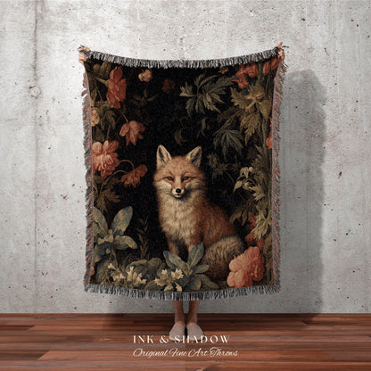 Botanical Fox Tapestry Woven | Woodland Folk Art Blanket Woven Tapestry William Morris Art Woodland Goth Decor Dark Cottagecore Aesthetic |