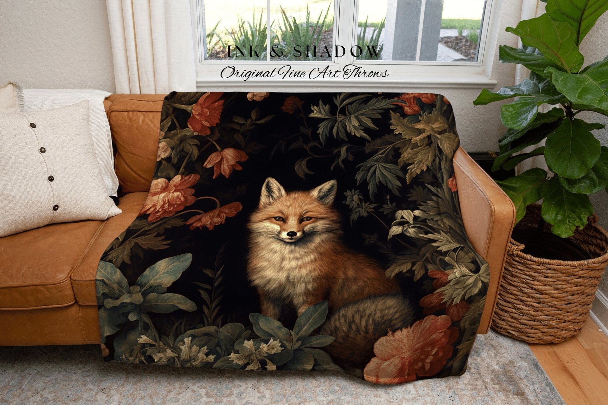 Botanical Fox Tapestry Woven | Woodland Folk Art Blanket Woven Tapestry William Morris Art Woodland Goth Decor Dark Cottagecore Aesthetic |