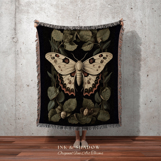 Moth Blanket Dark Cottagecore | Witchy Aesthetic Room Decor Gothic Art Crowcore Room Decor Occult Art Butterfly Moth Blanket Woven Tapestry