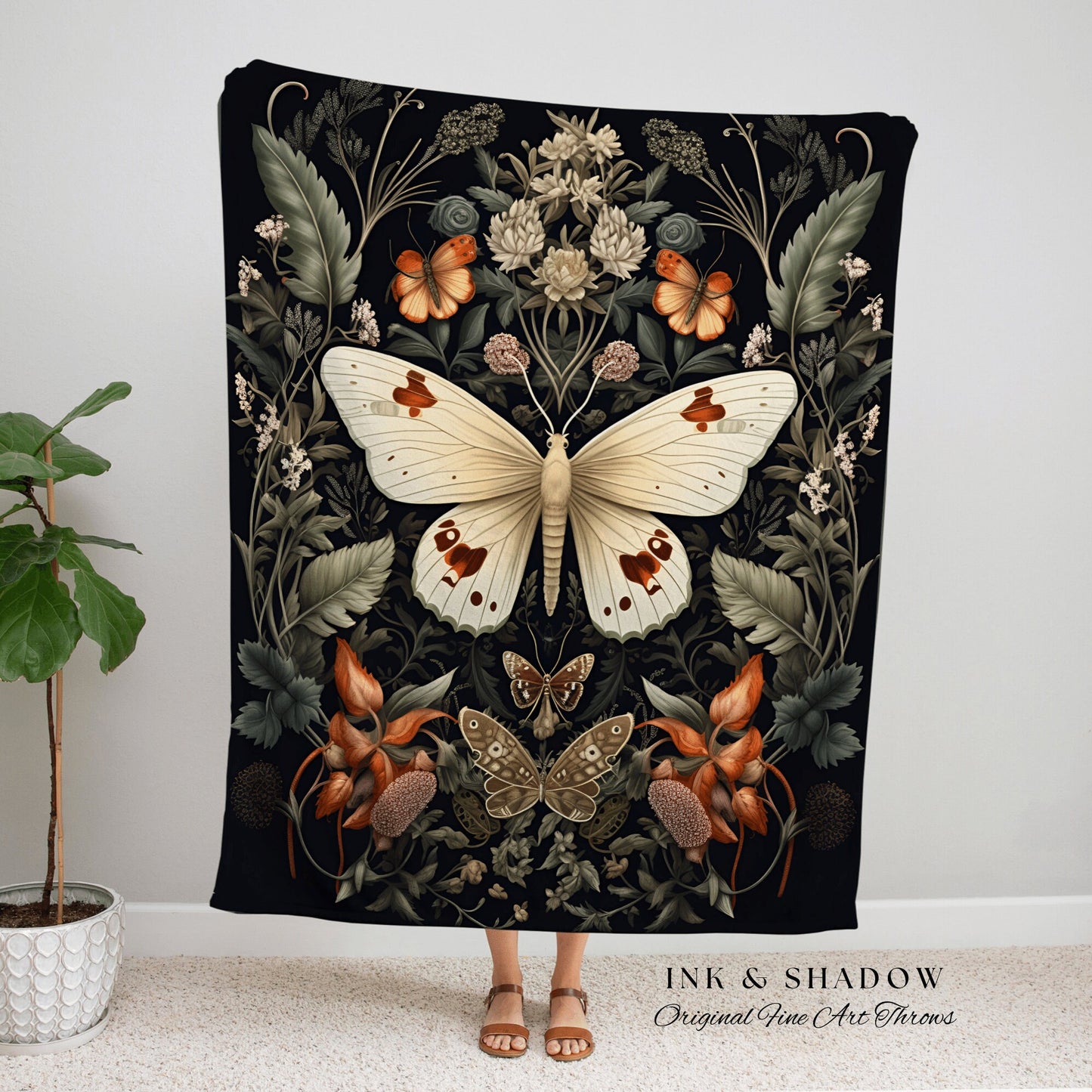 Fairy Grunge Moth Tapestry | Witchy Aesthetic Room Decor Gothic Art Crowcore Room Decor Dark Cottagecore Art Butterfly Moth Blanket Woven |