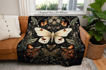 Fairy Grunge Moth Tapestry | Witchy Aesthetic Room Decor Gothic Art Crowcore Room Decor Dark Cottagecore Art Butterfly Moth Blanket Woven |