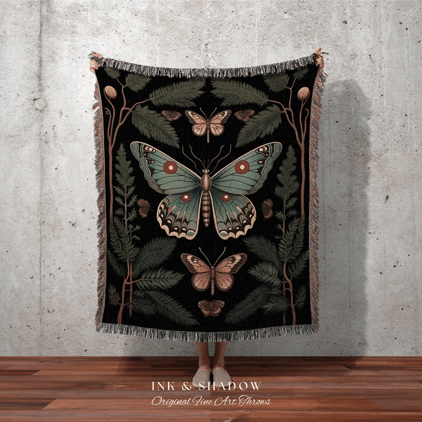 Botanical Butterfly Blanket | Witchy Aesthetic Room Decor Gothic Art Crowcore Room Decor Dark Cottagecore Butterfly Goth Moth Blanket Woven