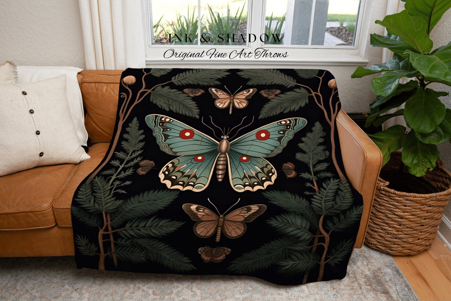 Botanical Butterfly Blanket | Witchy Aesthetic Room Decor Gothic Art Crowcore Room Decor Dark Cottagecore Butterfly Goth Moth Blanket Woven