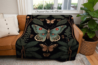 Botanical Butterfly Blanket | Witchy Aesthetic Room Decor Gothic Art Crowcore Room Decor Dark Cottagecore Butterfly Goth Moth Blanket Woven