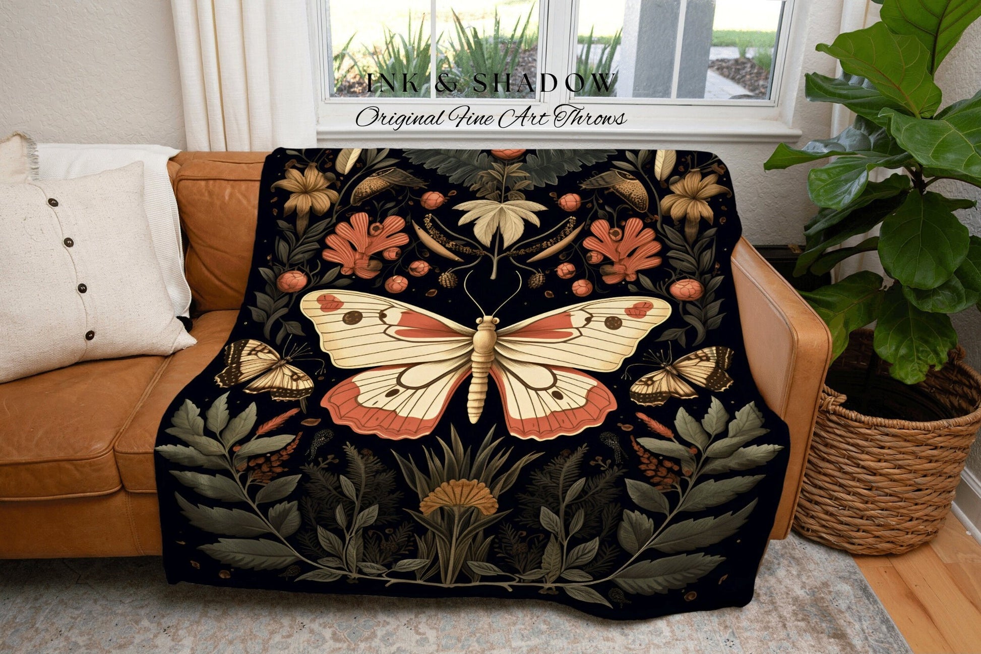 Boho Botanical Butterfly Blanket | Botanical Witchy Aesthetic Room Decor Gothic Art Crowcore Room Decor Dark Cottagecore Moth Blanket Woven