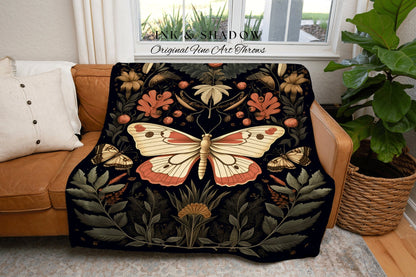 Boho Botanical Butterfly Blanket | Botanical Witchy Aesthetic Room Decor Gothic Art Crowcore Room Decor Dark Cottagecore Moth Blanket Woven