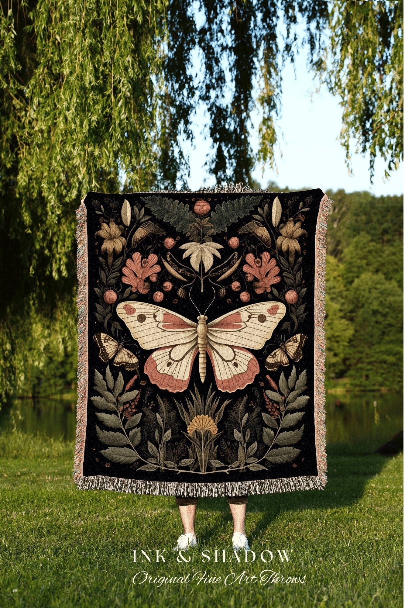 Boho Botanical Butterfly Blanket | Botanical Witchy Aesthetic Room Decor Gothic Art Crowcore Room Decor Dark Cottagecore Moth Blanket Woven