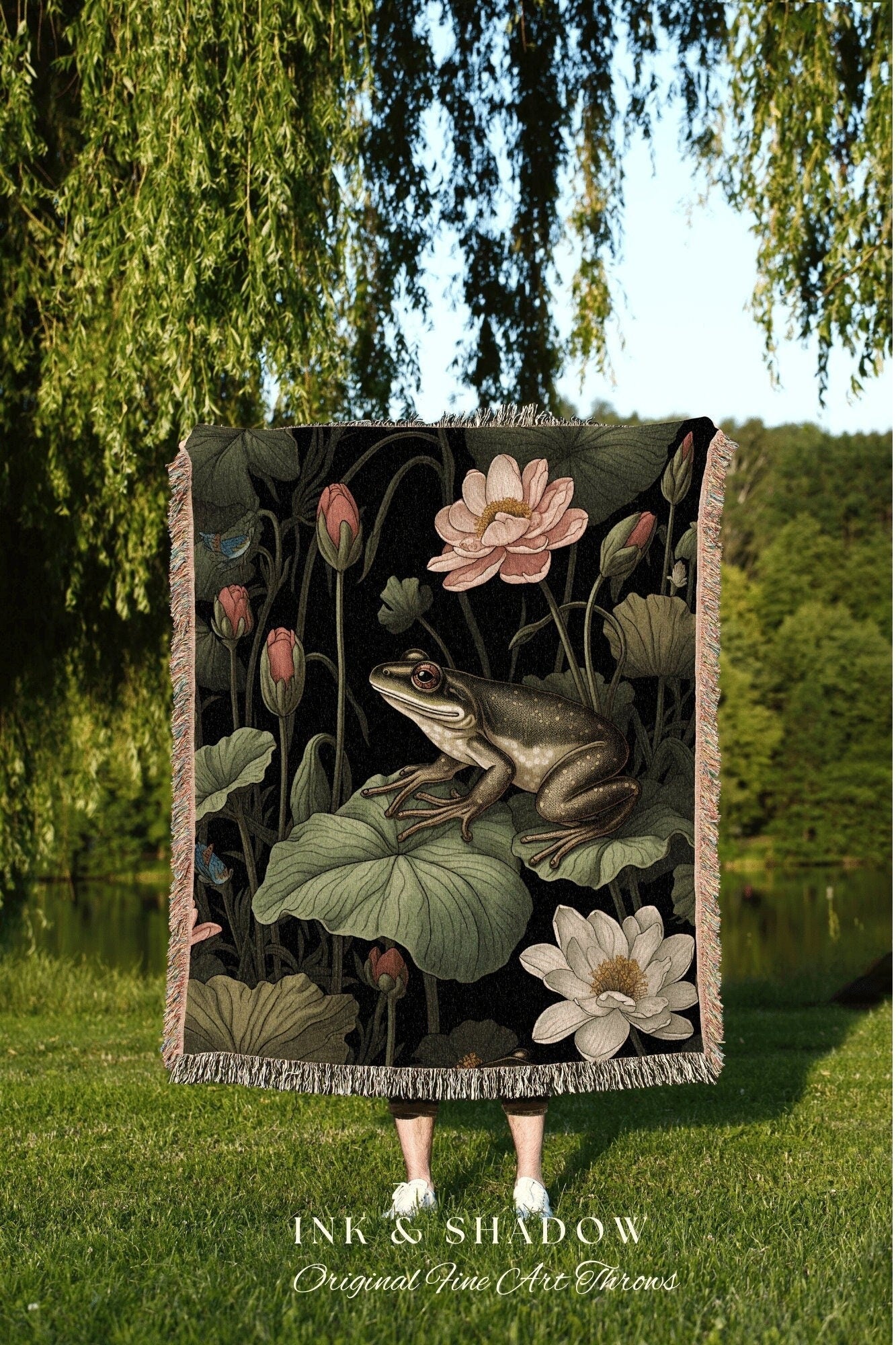 Whimsigoth Frog Tapestry Blanket | Frog & Toad Tapestry Gothic Dark Cottagecore Blanket Woven Throw Vintage Frog Blanket Goblincore Decor |